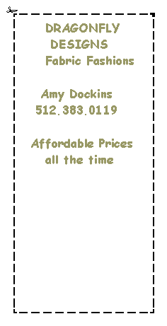 Text Box:      DRAGONFLY                        DESIGNS     Fabric Fashions    Amy Dockins   512.383.0119     Affordable Prices     all the time